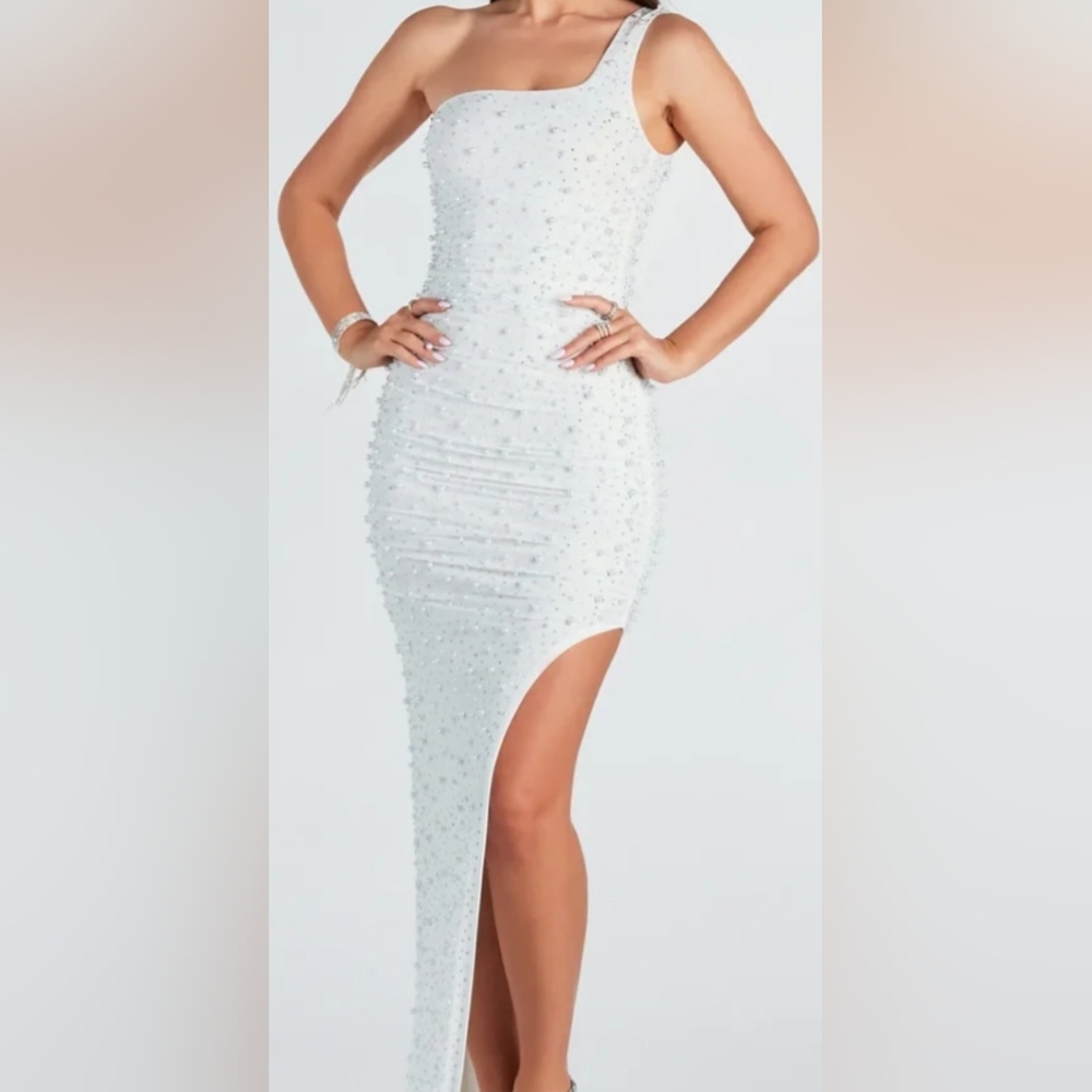 Windsor White One-Shoulder Ruched Evening Dress with Beaded Embellishments